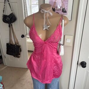 Y2k 2000s bimbo Hot pink lace trim babydoll bow cami tank top